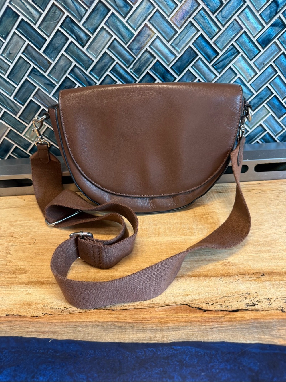 J. Jill Brown Leather Saddlebag/Crossbody Bag with Wide Fabric Strap